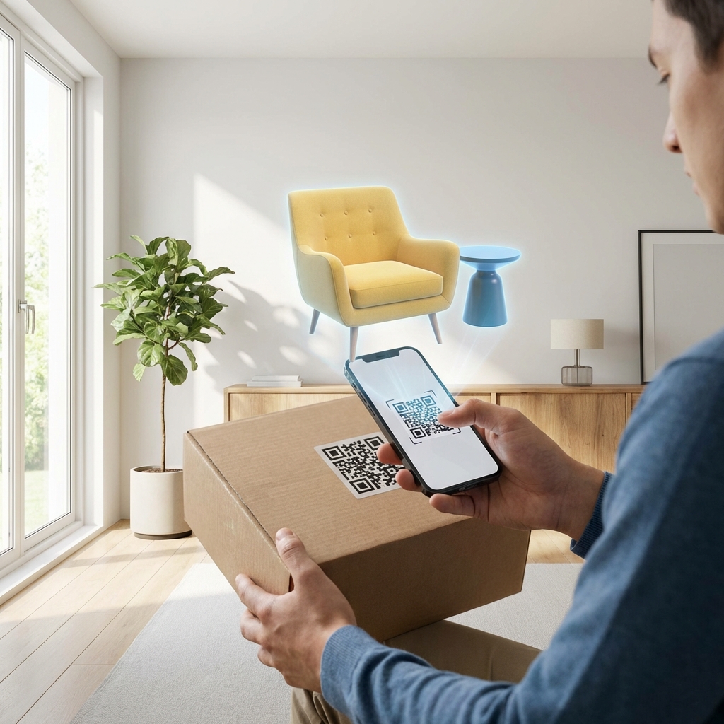 Person scannt QR-Code für eine Augmented-Reality-Möbelvorschau