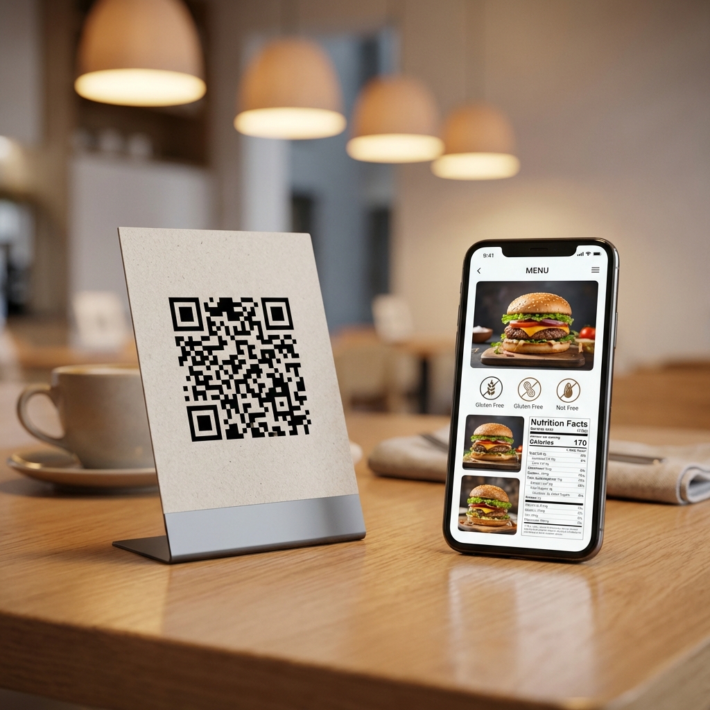 Restauranttisch mit QR-Code zeigt digitales Menü auf dem Smartphone