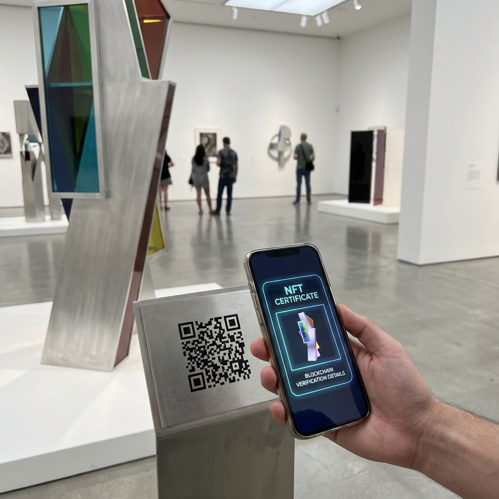 Kunstwerk in Galerie mit QR-Code verlinkt zu NFT-Zertifikat