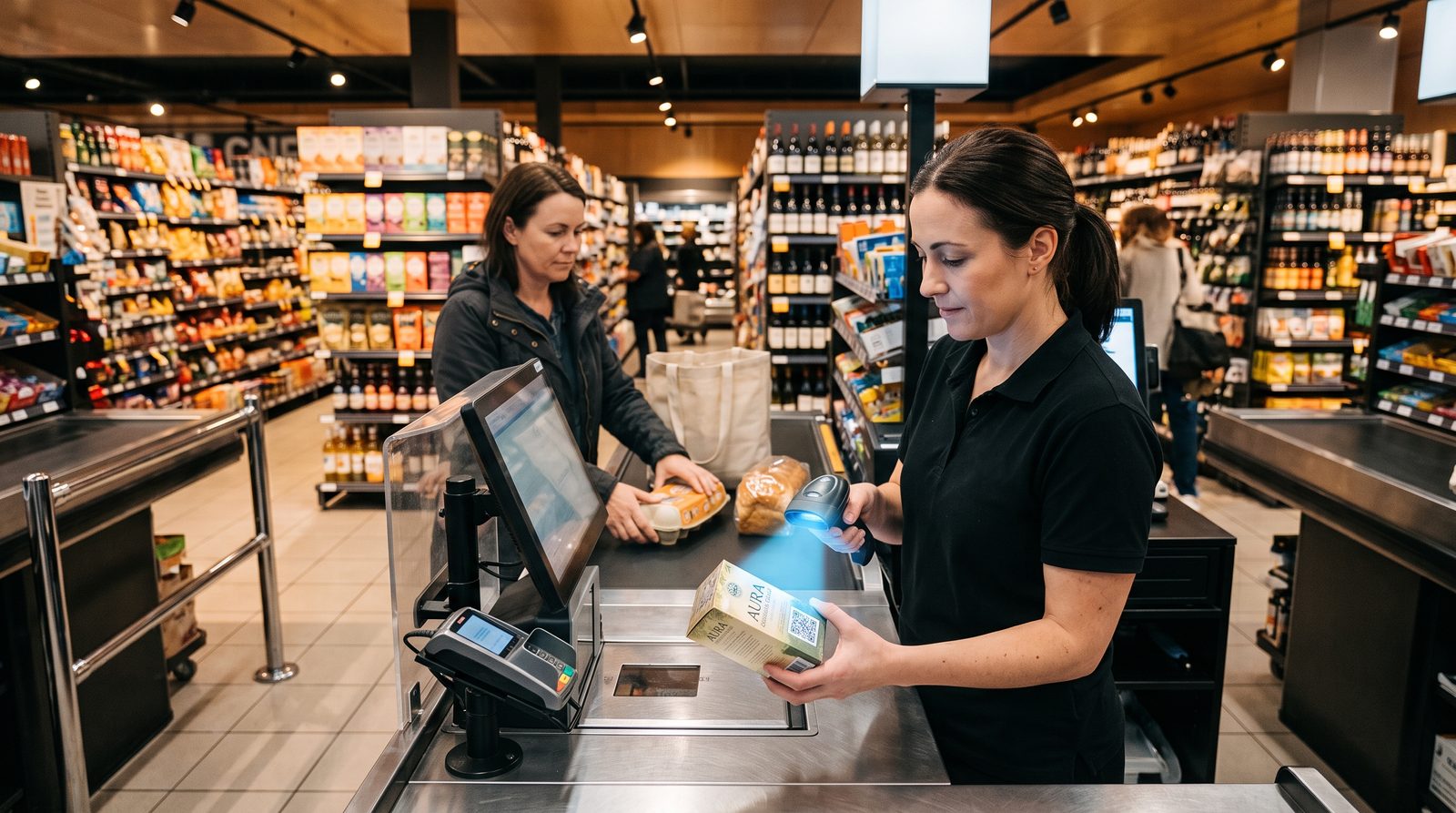 Cashier scanning a product at retail checkout using a 2D barcode reader
